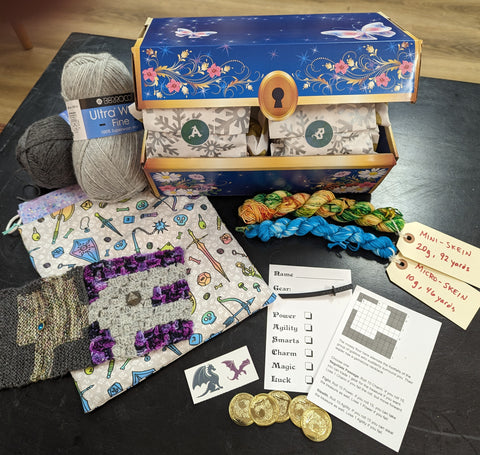 Treasure chest with yarn, project bag, and goodies